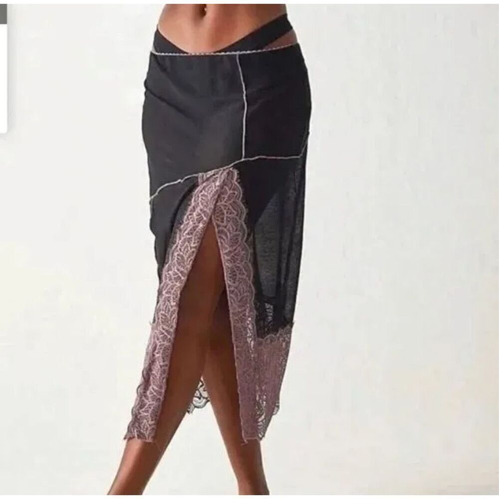 Free People Black and Pink Lace Midi Skirt